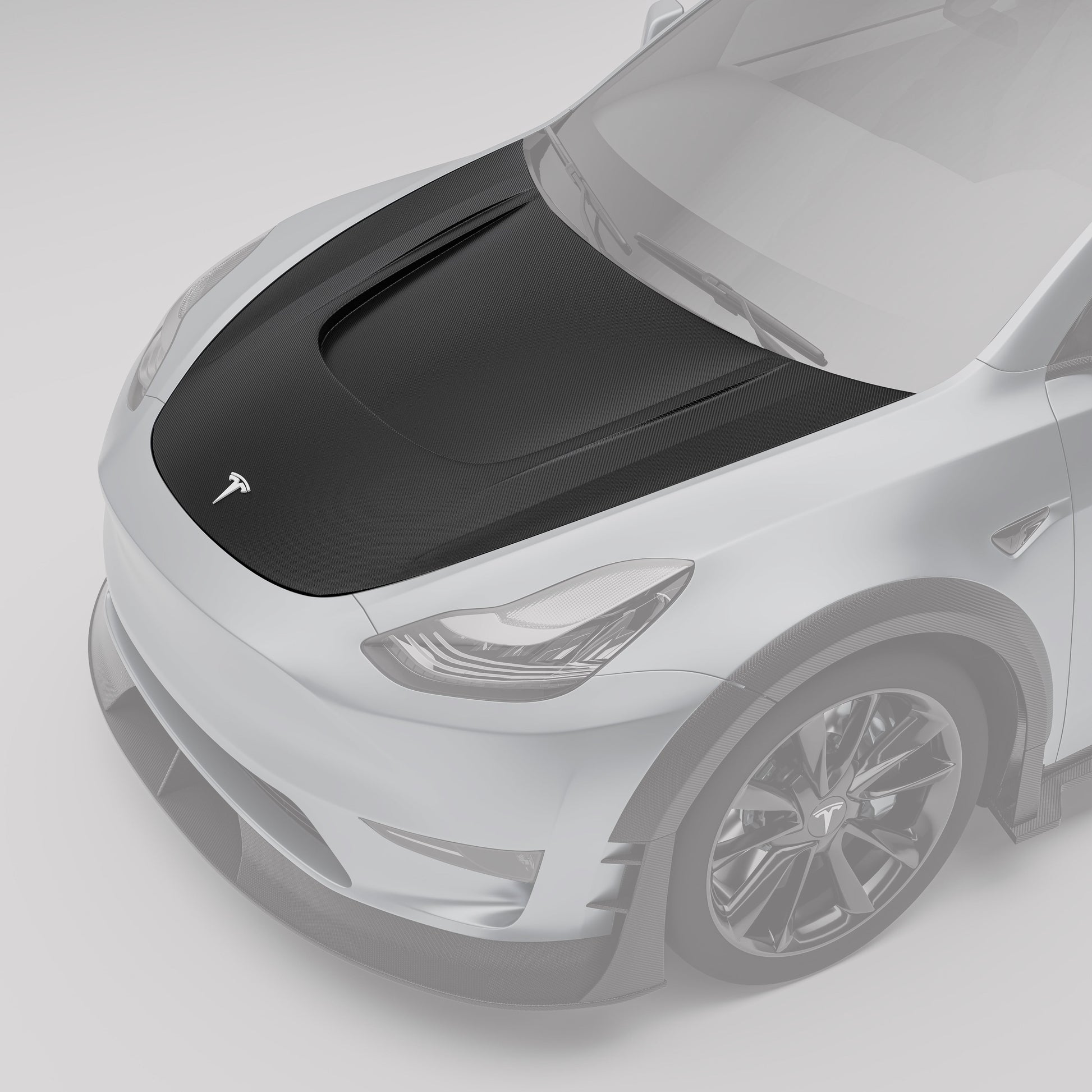 Carbon fiber hood for 2021-2024 Model Y displayed at an angle