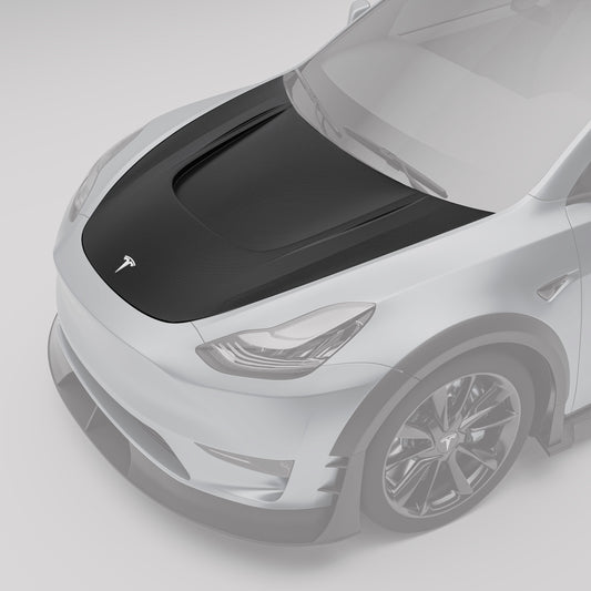 Carbon fiber hood for 2021-2024 Model Y displayed at an angle