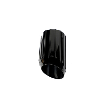 Black tailpipe tips mounted, side profile detail