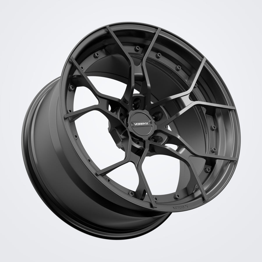 VX-08 forged wheel in black, three-quarter view